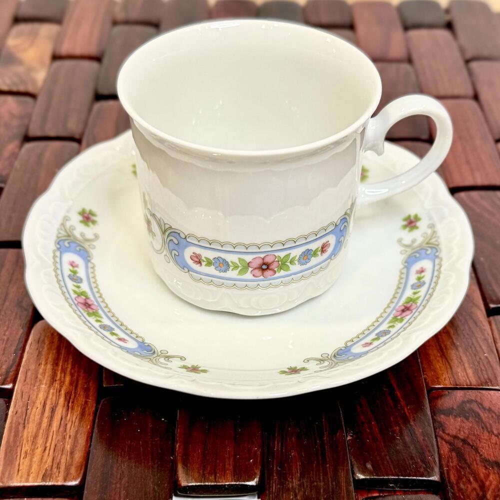 Vintage Mitterteich Bavaria Porcelain Cup & Saucer Floral Scroll Pattern Germany